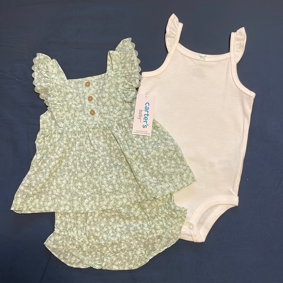Carter’s green floral flutter sleeve top and diaper cover set 3 piece - Picture 1 of 7